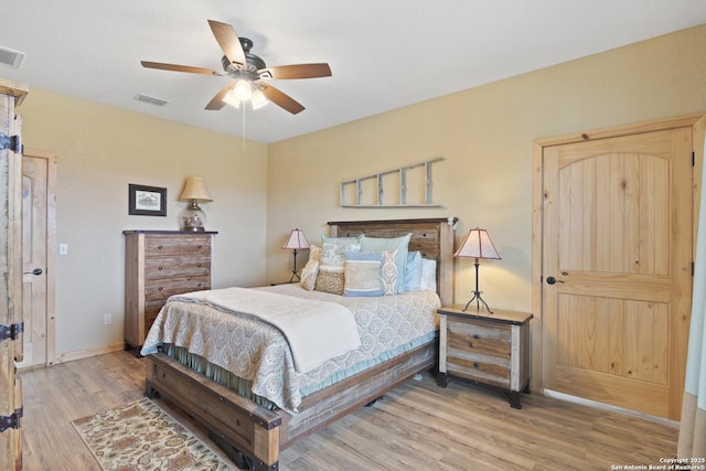 bedroom with hardwood / wood-style flooring and ceiling fan