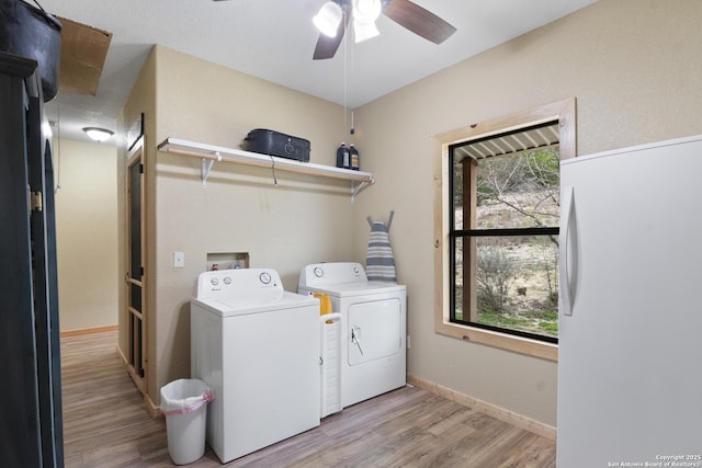 laundry room with ceiling fan, independent washer and dryer, and light wood-type flooring