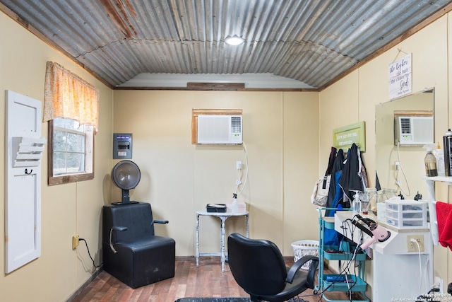 office area featuring lofted ceiling and hardwood / wood-style flooring