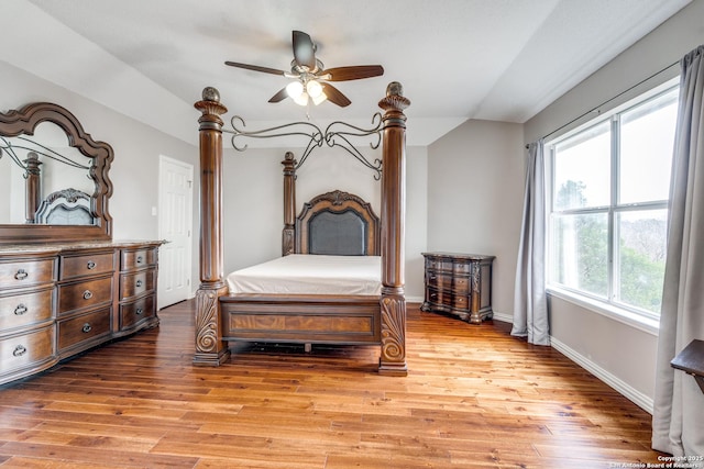 bedroom featuring ceiling fan and light hardwood / wood-style flooring