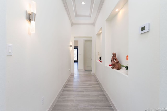 hall featuring crown molding and light hardwood / wood-style floors