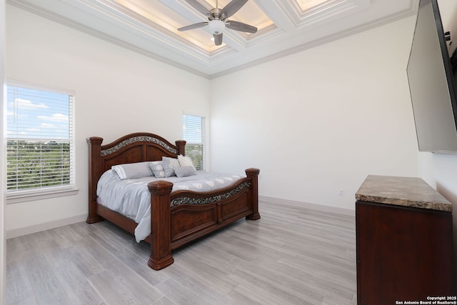 bedroom featuring coffered ceiling, ceiling fan, crown molding, beam ceiling, and light hardwood / wood-style flooring