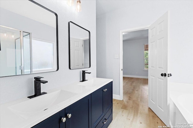 bathroom featuring a bathing tub, hardwood / wood-style floors, and vanity