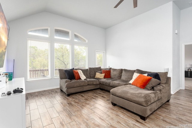 25046 Las Pilas, San Antonio, TX 78261 - living room with ceiling fan, high vaulted ceiling, and light hardwood / wood-style floors