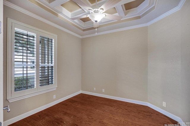 spare room with wood-type flooring, ornamental molding, coffered ceiling, and ceiling fan