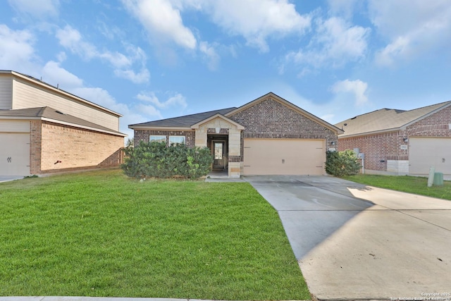 ranch-style house with a garage and a front lawn