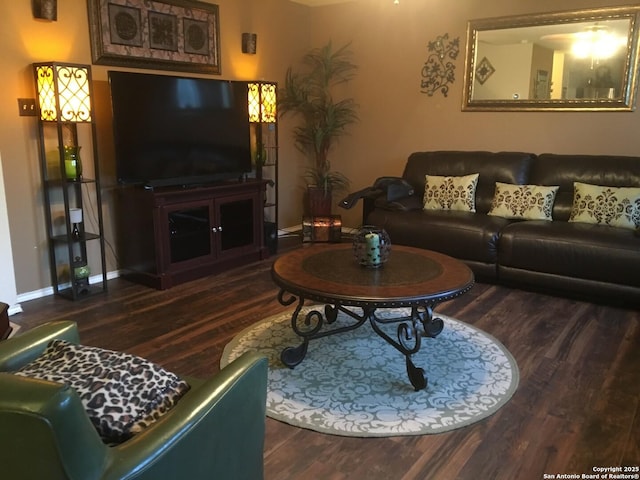 living room featuring dark wood-type flooring