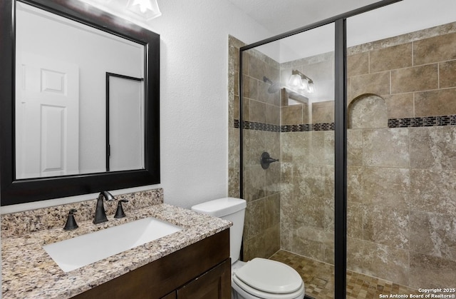 bathroom with an enclosed shower, vanity, and toilet