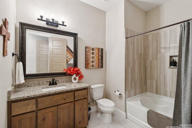 full bathroom featuring vanity, shower / bathtub combination with curtain, tile patterned floors, and toilet