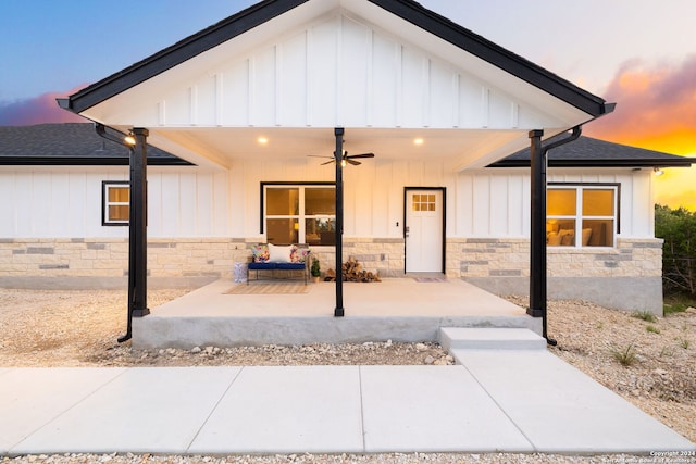 exterior space featuring ceiling fan and a patio