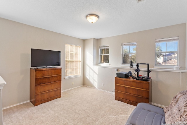 sitting room featuring carpet floors, a textured ceiling, and baseboards