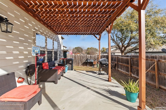 view of patio with a fenced backyard, grilling area, and a pergola