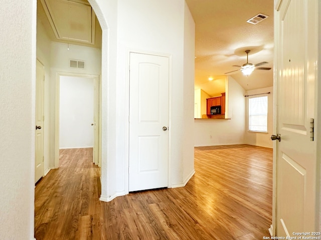 hall featuring lofted ceiling and light wood-type flooring