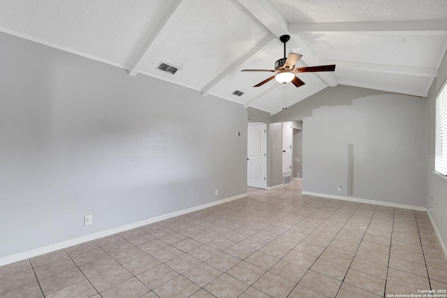 empty room featuring light tile patterned flooring, ceiling fan, lofted ceiling with beams, and a textured ceiling