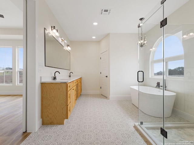 bathroom featuring vanity, plenty of natural light, and plus walk in shower