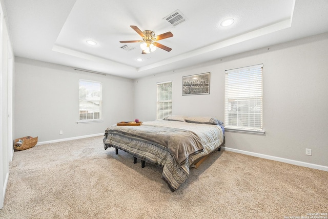 bedroom featuring a raised ceiling, carpet, and ceiling fan