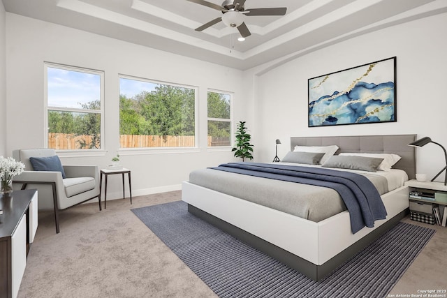 bedroom with a raised ceiling and light colored carpet