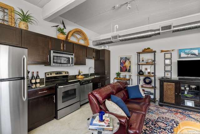 kitchen featuring stainless steel appliances, dark brown cabinets, and sink