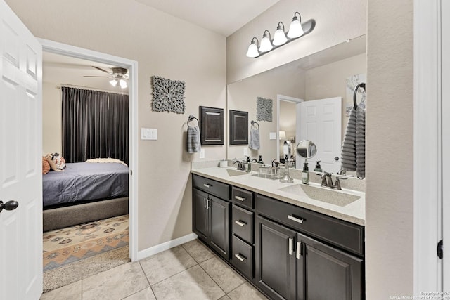 bathroom with vanity, tile patterned floors, and ceiling fan