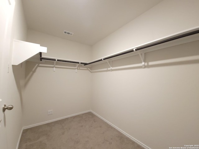 walk in closet featuring light carpet