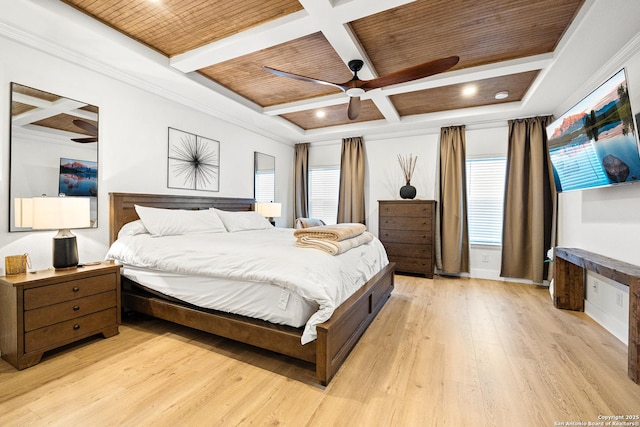 bedroom featuring beamed ceiling, multiple windows, coffered ceiling, and light hardwood / wood-style flooring