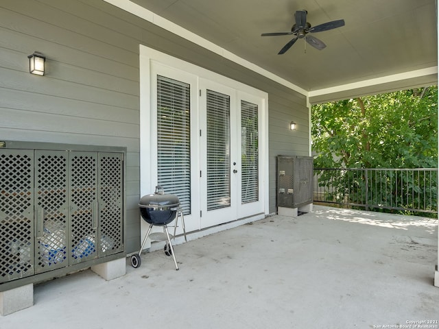 view of patio / terrace featuring grilling area, french doors, and ceiling fan