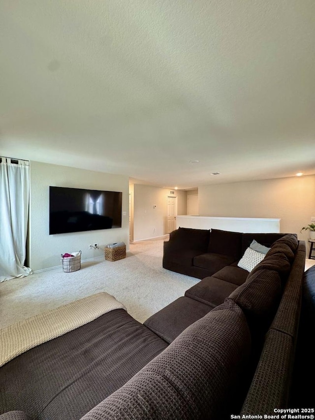 living room with a textured ceiling and carpet flooring