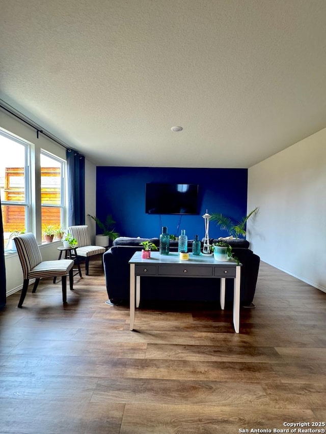 living room featuring hardwood / wood-style flooring and a textured ceiling