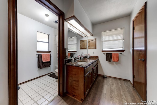 bathroom with hardwood / wood-style flooring, vanity, and toilet