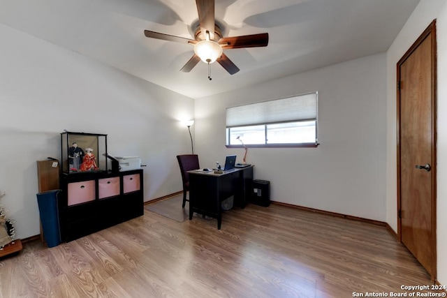 office space featuring ceiling fan and light hardwood / wood-style flooring