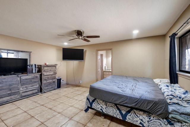 bedroom with light tile patterned floors and ceiling fan