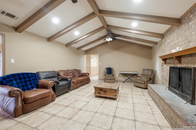 living room with light tile patterned floors, a fireplace, lofted ceiling with beams, and ceiling fan