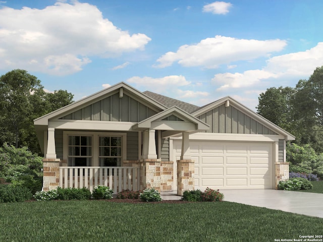 view of front of property featuring driveway, a porch, a garage, stone siding, and board and batten siding