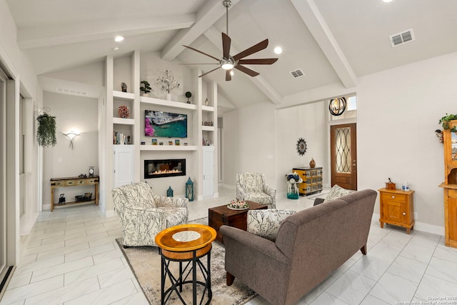 living area featuring a glass covered fireplace, marble finish floor, visible vents, and beam ceiling