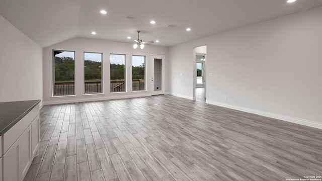 unfurnished living room featuring ceiling fan, light wood-style flooring, visible vents, and recessed lighting