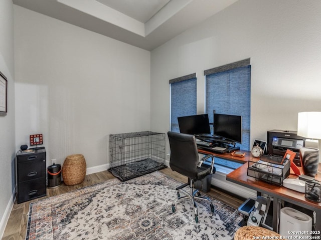 home office with hardwood / wood-style flooring