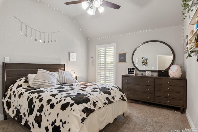 1905 High Bank, Seguin, TX 78155 - bedroom with carpet, vaulted ceiling, baseboards, and a ceiling fan