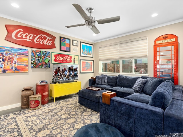 living room featuring crown molding and ceiling fan