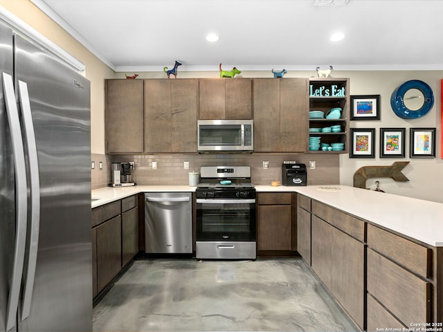 kitchen with appliances with stainless steel finishes, concrete floors, decorative backsplash, ornamental molding, and dark brown cabinetry