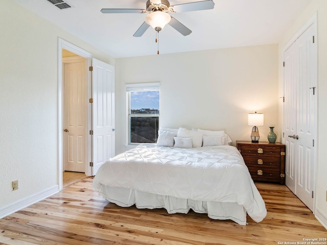 bedroom featuring ceiling fan and light hardwood / wood-style floors