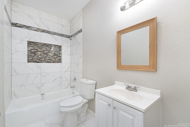 full bathroom with vanity, tiled shower / bath combo, and toilet