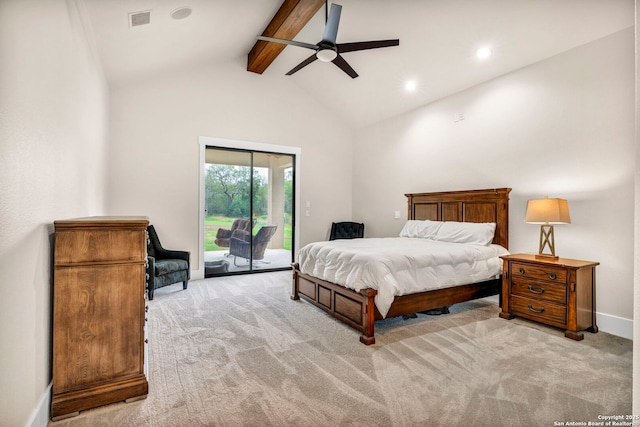 bedroom with beamed ceiling, ceiling fan, access to exterior, and light carpet