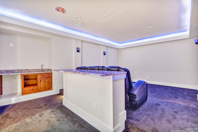 cinema with dark carpet and a tray ceiling