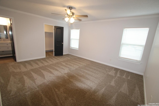 unfurnished bedroom featuring a walk in closet, ornamental molding, carpet floors, and a closet