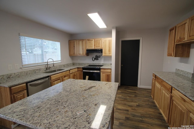 kitchen with black range with electric stovetop, light stone countertops, sink, and dishwasher