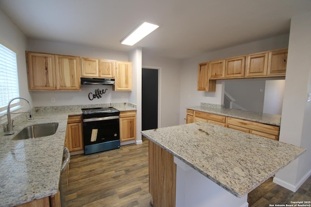 kitchen with light stone counters, sink, electric range, and dark wood-type flooring