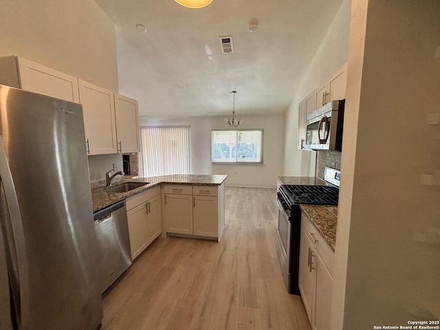 kitchen featuring pendant lighting, sink, white cabinets, kitchen peninsula, and stainless steel appliances