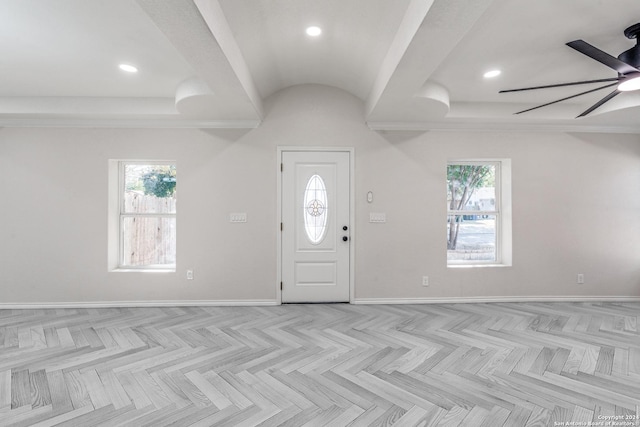 entryway with ceiling fan, light parquet flooring, and a wealth of natural light