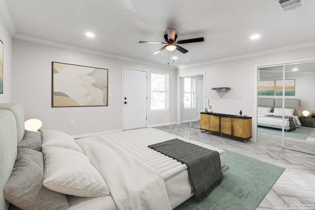 bedroom featuring ceiling fan, crown molding, and light parquet floors