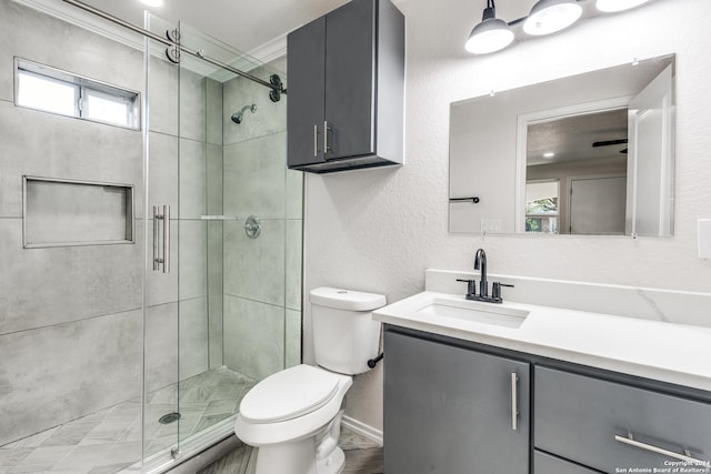 bathroom featuring vanity, toilet, and walk in shower